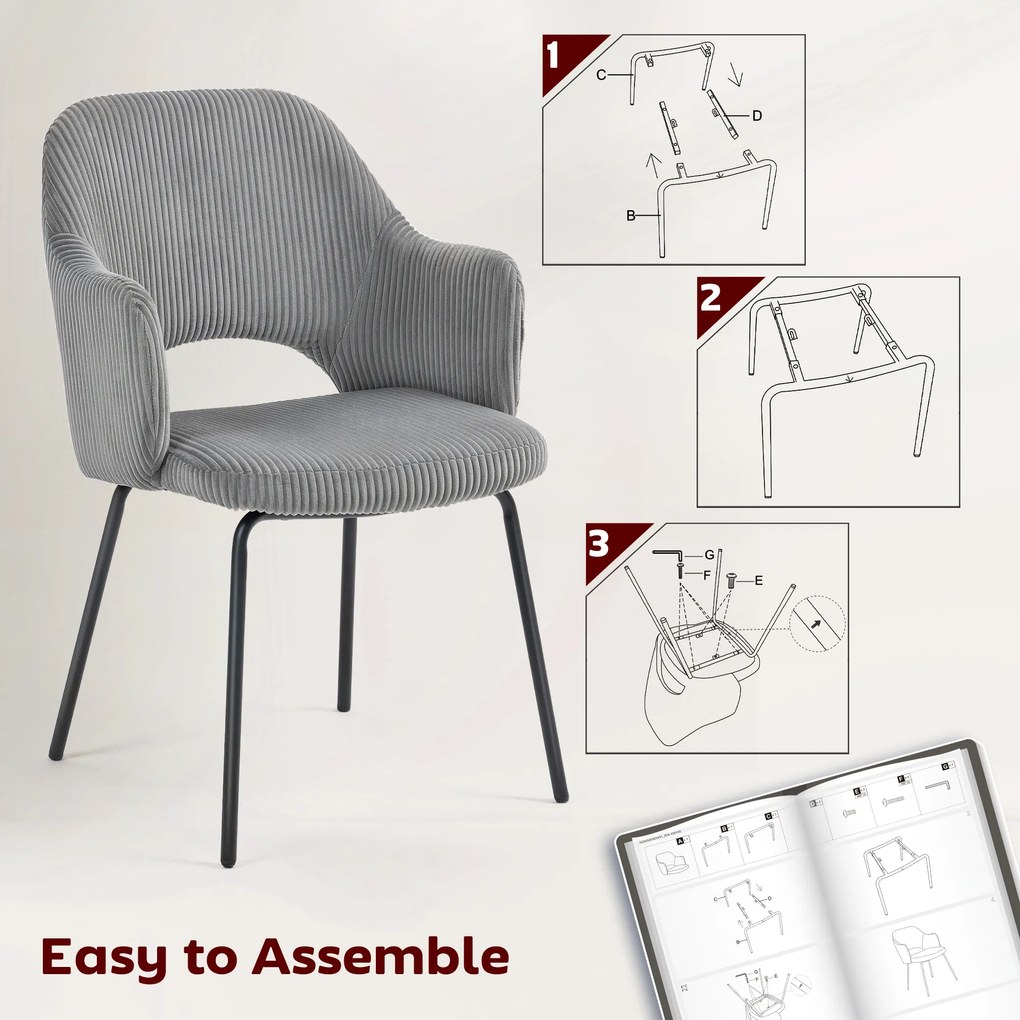 HOMCOM Krzesło do jadalni, pokrycie aksamitne, kształt muszli, nogi metalowe, podkładki pod stopy, szare