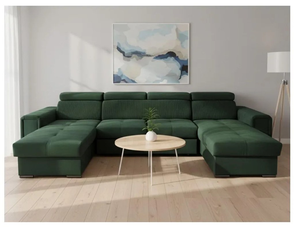 Rozkładana sofa narożna U SALVADA zielona z pojemnikiem na przechowywanie