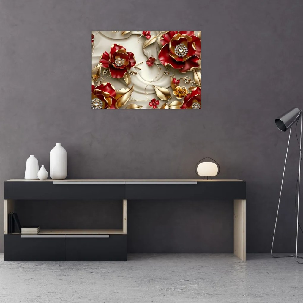 Obraz - 3D czerwono-złote kwiaty (70x50 cm)