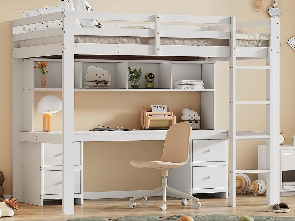 Łóżko mezzanine 90x200cm - z biurkiem i 2 komodami - z litego sosnowego drewna i MDF - Białe