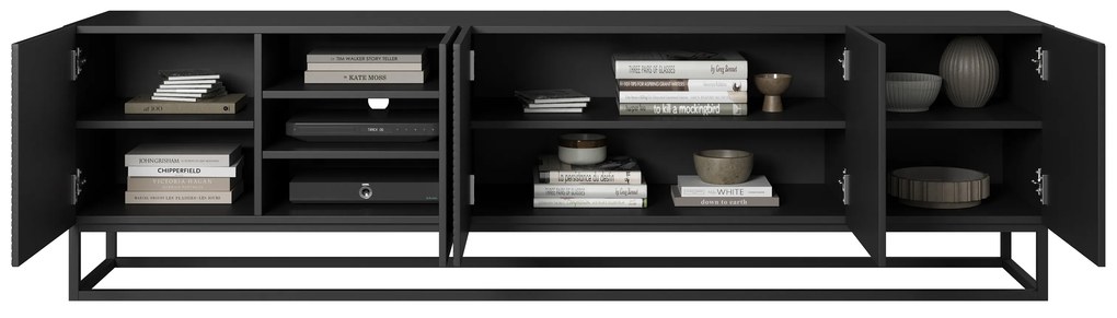 Szafka RTV Asha 200 cm z ryflowanym frontem i metalowym stelażem - czarny mat