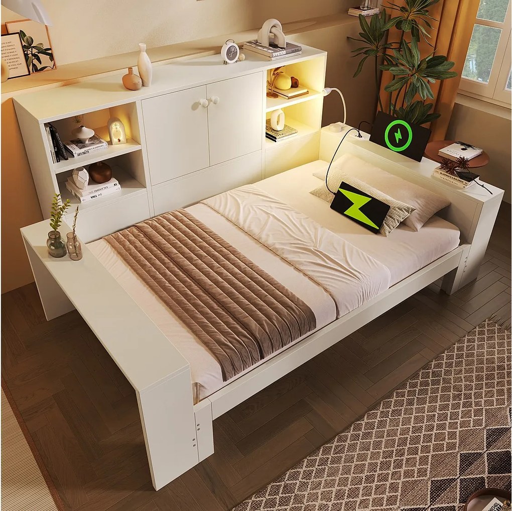Łóżko dziecięce - 90 x 200 cm - z wysuwanym łóżkiem 90 x 190 cm + półka + port USB - MDF - białe