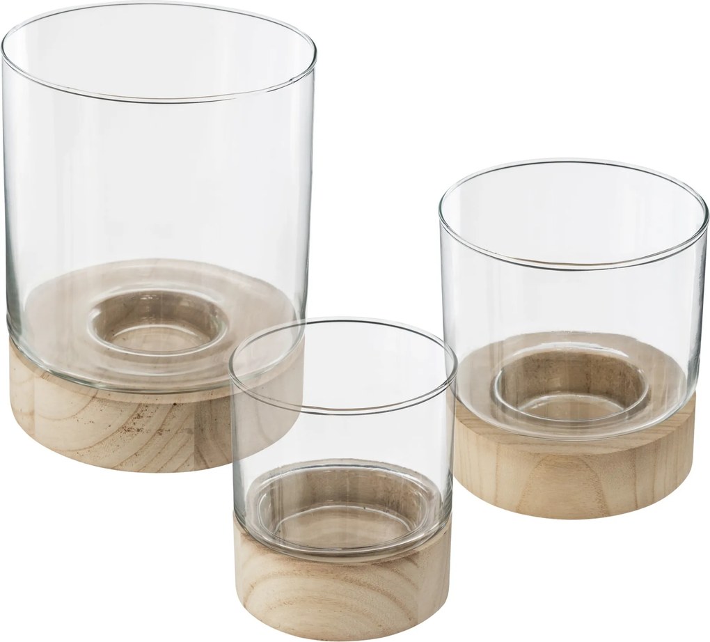 Komplet świeczników ze szkła Ete z drewnianymi podstawkami, 3 sztuki