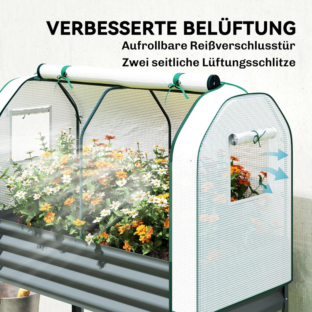 Outsunny Podwyższona grządka z nakładką szklarniową z metalu, skrzynia do sadzenia z półką, podwyższona 120 x 55 x 140 cm | Aosom PL