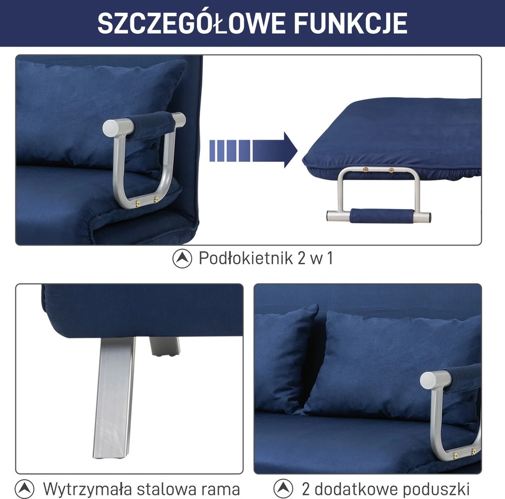 HOMCOM Sofa do Spania, 5-stopniowa Regulacja, Imitacja Zamszu, Rama Metalowa, w zestawie Poduszki, Granatowa