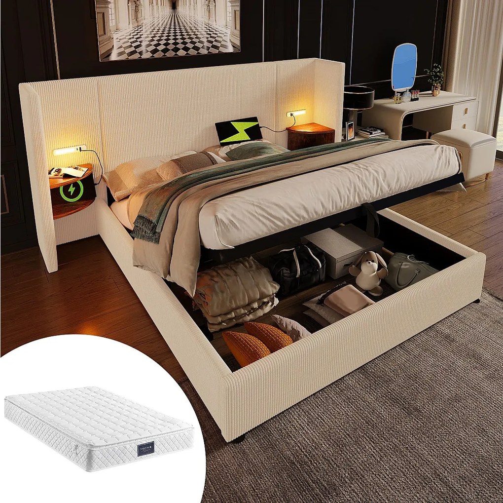 Łóżko tapicerowane z pojemnikiem na pościel - 160 x 200 cm - Stolik nocny + Materac - Lampa i USB - Lite drewno i kord - Beżowy + Biały