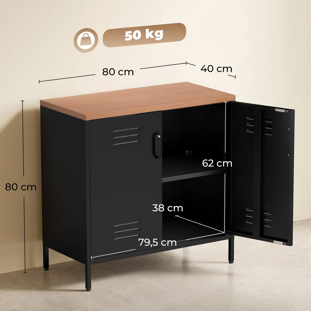 HOMCOM Metalowe sideboard, 80x40x80 cm, przemysłowa szafka do przechowywania z 2 drzwiami i regulowaną półką do salonu, biura, Czarny | Aosom PL