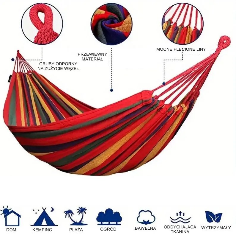 Hamak z drewnianym stelażem ogrodowy dwuosobowy czerwony stelaż do hamaka POLSKI + GRATIS