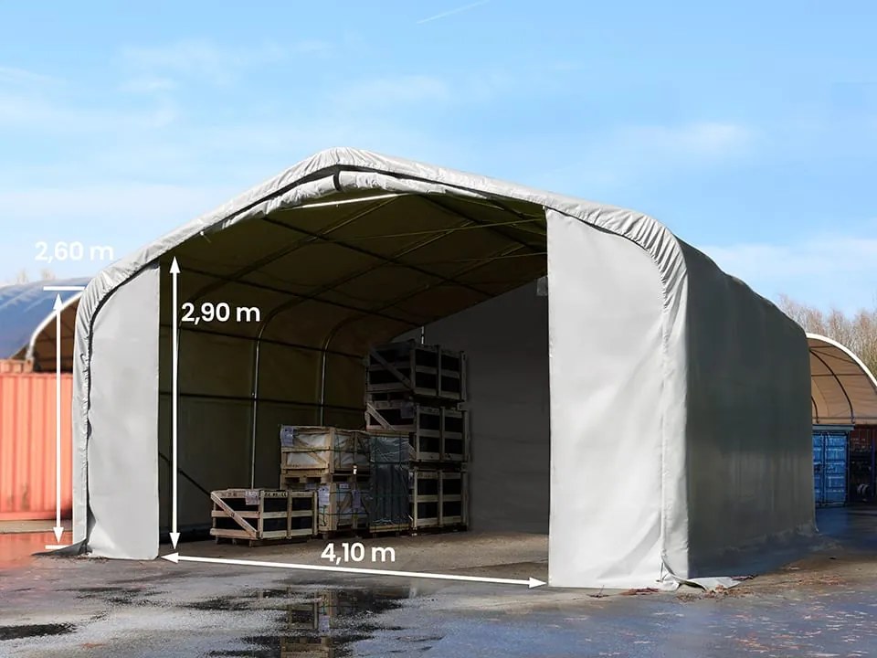 TOOLPORT 6x6m Hala namiotowa - 2,6 m wysokość ścian bocznych z 4,1x2,9m brama, PVC 850, szary, ze statyką (podłoże gruntowe) - (49645)