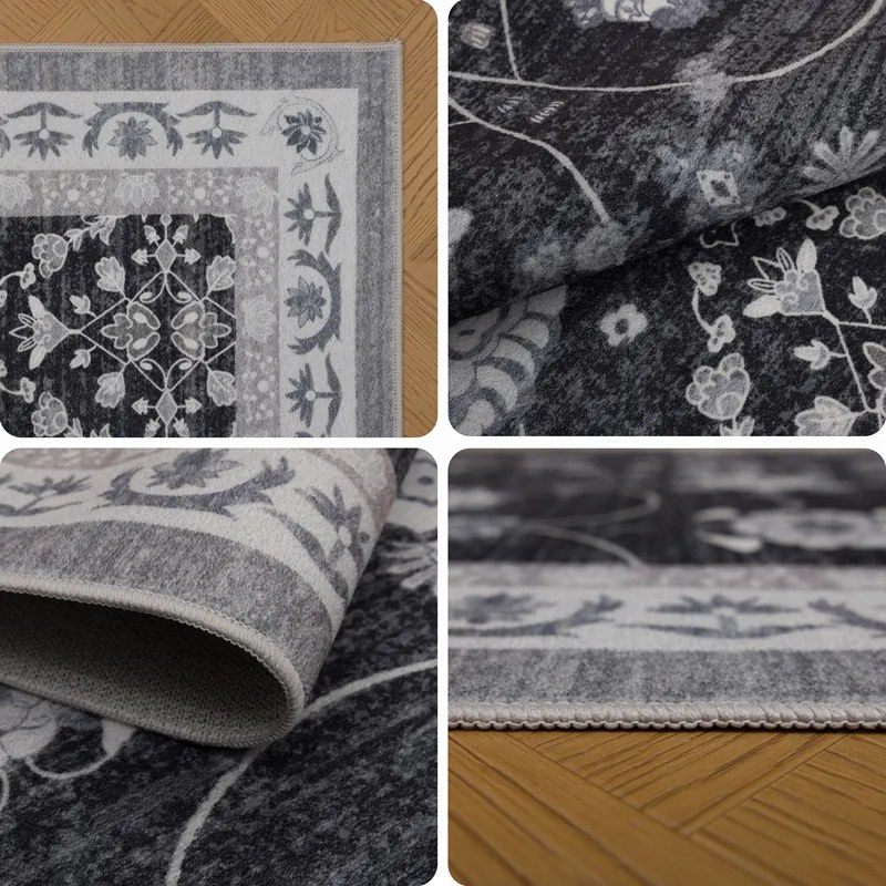 Dywan vintage INKA Floral z Efektem Postarzenia Czarno-Szary 200 cm x 290 cm