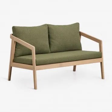 Sofa Dwuosobowa Z Drewna Akacjowego Kaela Jasny Akacjowy Brąz & Bukla Szałwiowa Zieleń - Sklum