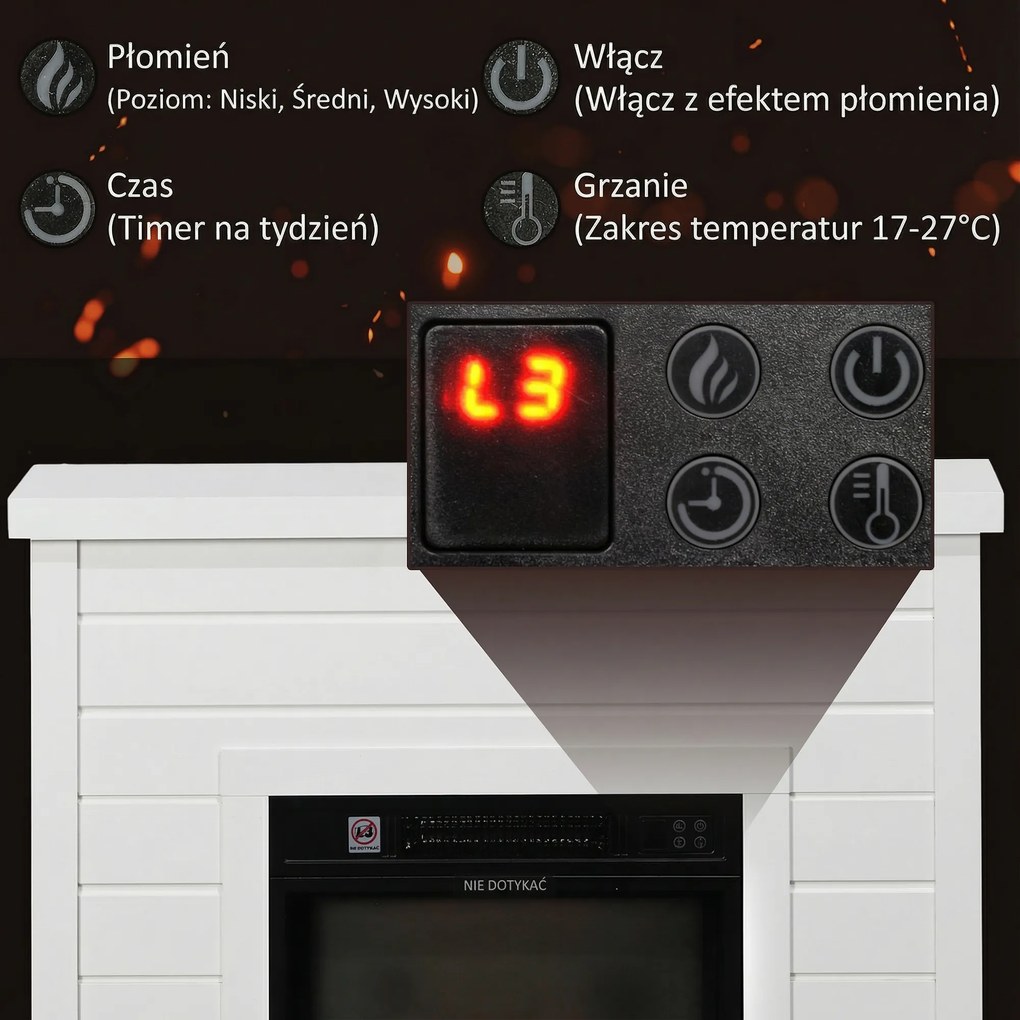 HOMCOM kominek elektryczny, efekt płomieni 3D, 3 ustawienia, timer, pilot, biały