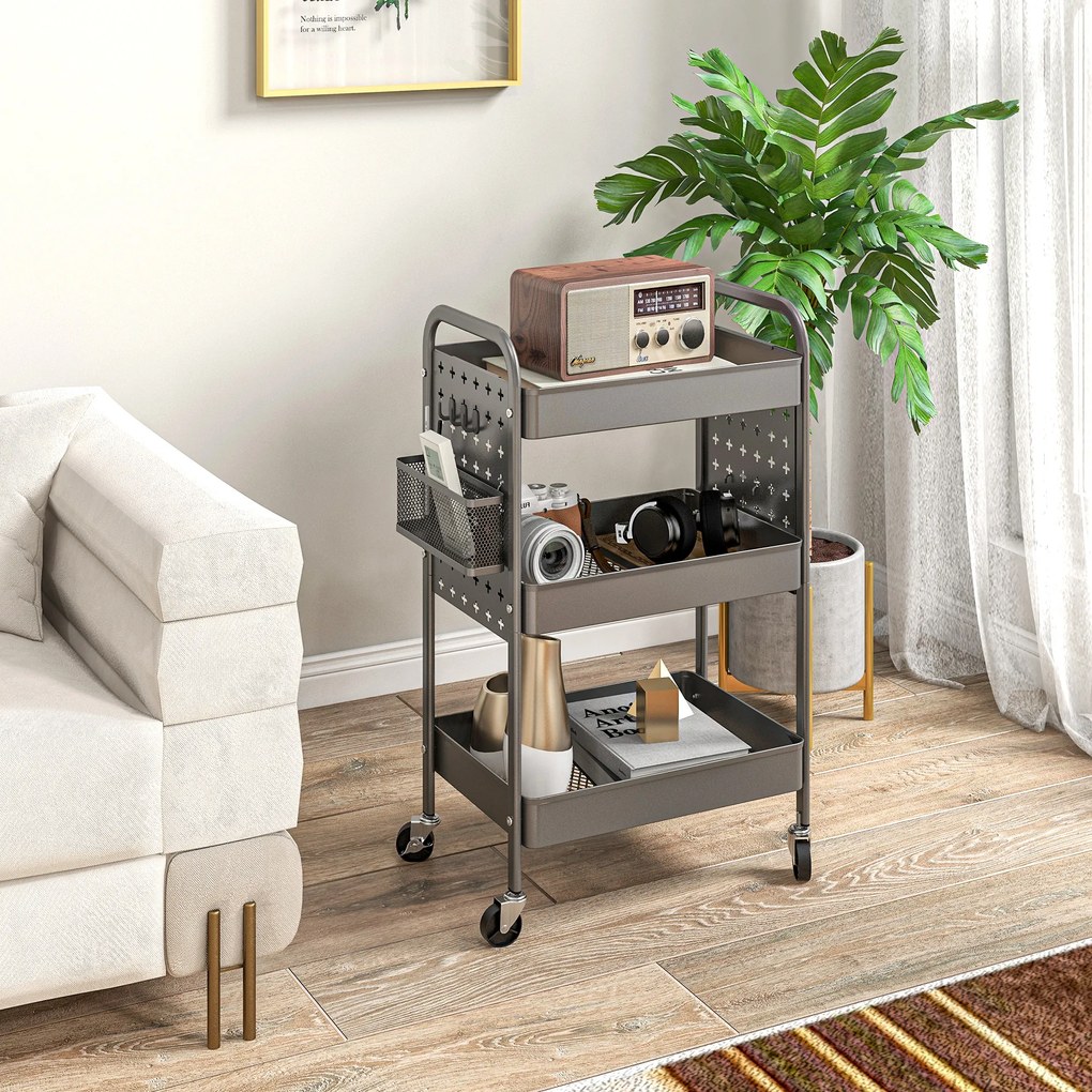 HOMCOM Wózek Kuchenny na Kółkach z 3 Poziomami i 2 Koszami Ciemnoszary | Aosom PL