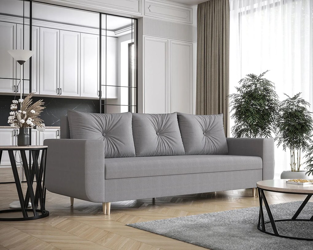Szara rozkładana sofa z pojemnikiem na pościel P8-T06