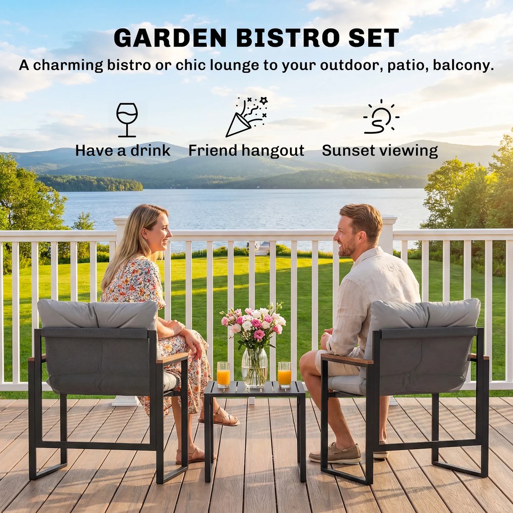 Outsunny 3-częściowy zestaw mebli balkonowych, 2 fotele ze stolikiem, poduszki z oddychającym pokryciem, meble ogrodowe, zestaw bistro z metalu, na taras i do ogrodu, szary | Aosom PL