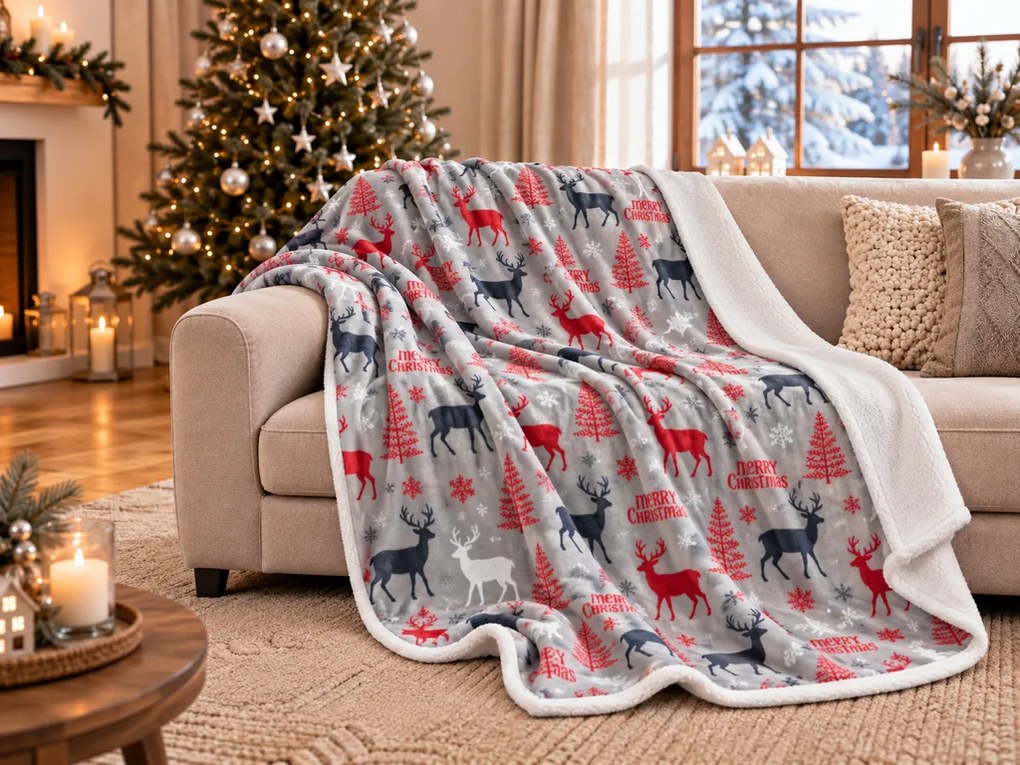 Świąteczny koc z mikropluszu MERRY CHRISTMAS DEER szary Rozmiar: 160 x 200 cm