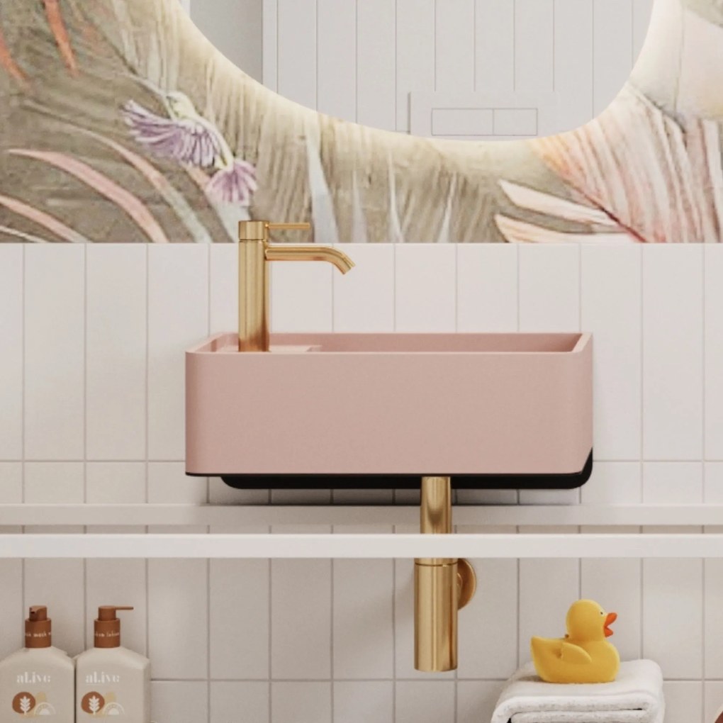 Umywalka z kamienia syntetycznego nablatowa / wisząca prostokątna różowa 43 cm x 25 cm EVELIA Pink : Otwór na baterię - Tak, Typ montażu - podwieszana