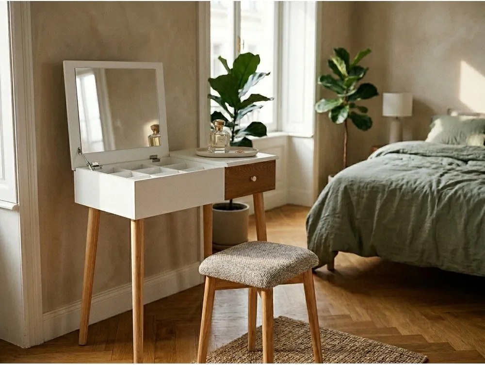 Biała toaletka z lustrem, schowkiem na biżuterię i stołkiem Bonami Essentials Beauty