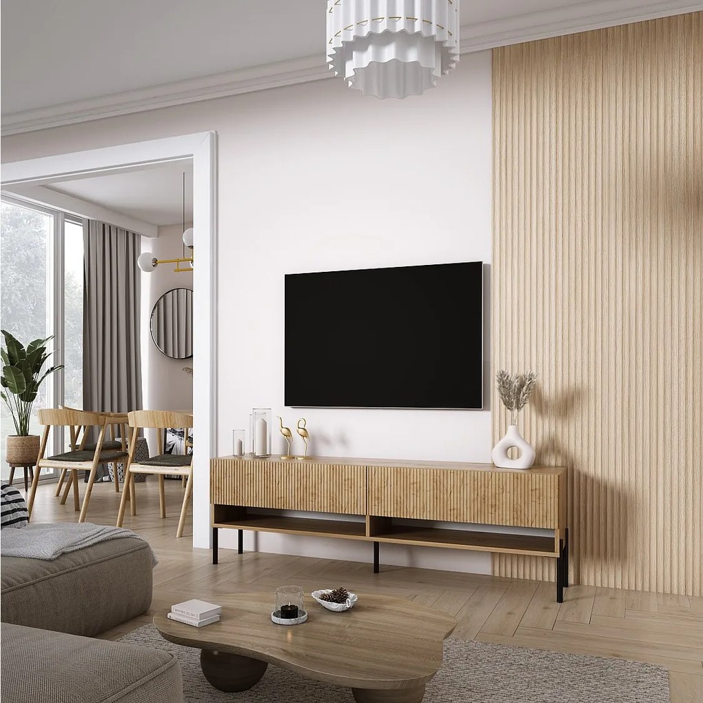 Szafka pod telewizor 170, fronty ryflowane, Dąb Craft, nóżki proste czarne, 170 × 32 × 52 cm