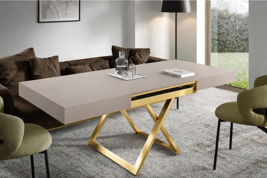 Ławostół 120 cm Ducale U - stół rozkładany do salonu 120-200 cm, regulowana wysokość, złoty stelaż - Kaszmir