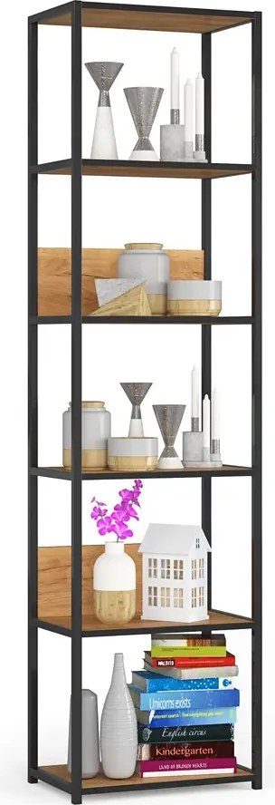 Otwarty regał z 6 półkami w stylu loft czarny + dąb craft P4-P27