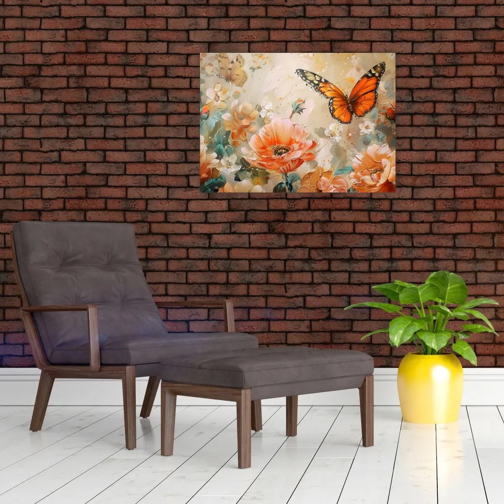 Obraz - Motyl i kwiaty, obraz olejny (70x50 cm)