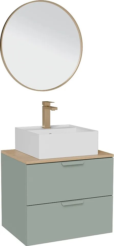 Wisząca szafka łazienkowa z umywalką wpuszczaną w blat kwadratową, baterią i lustrem – Szałwiowa zieleń – S60 cm – AVORELI