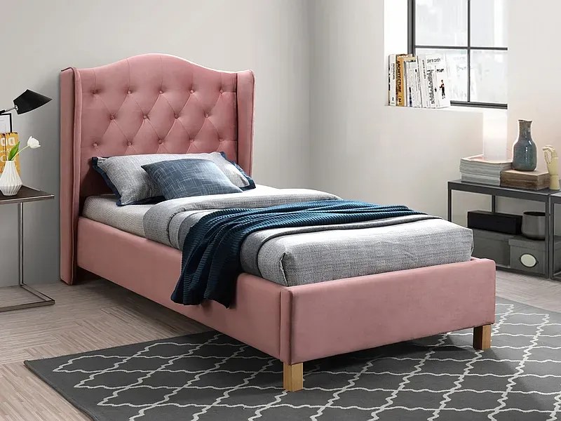 ŁÓŻKO ASPEN VELVET 90x200 KOLOR ANT.RÓŻ/DĄB TAPICERKA BLUVEL 52 SIGNAL