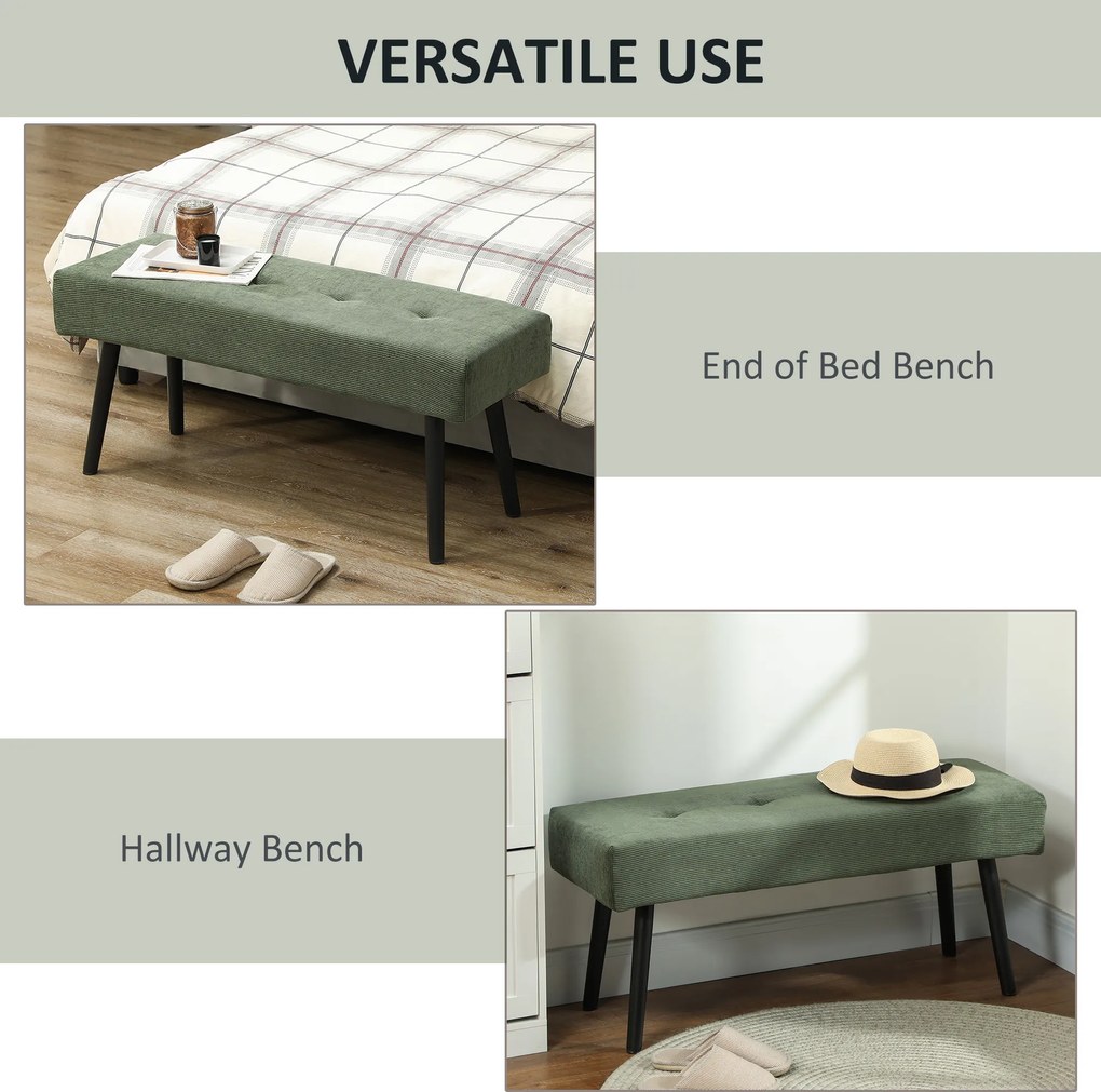 HOMCOM Ławka Polsterbank z Sztruksu, Ławka z Metalowymi Nogami, Ławka do Przedpokoju 100 x 36 x 45 cm Zielony