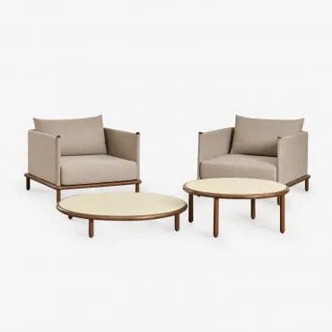 Zestaw Do Salonu Z 2 Fotelami I 2 Okrągłymi Stolikami Kawowymi Z Drewna Akacjowego Olivia Kremowa Semoline & Ciemny Akacjowy Brąz - Sklum
