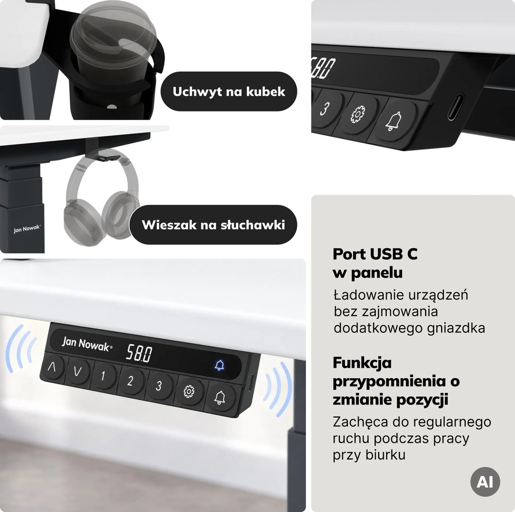 Biurko elektryczne z regulacją wysokości ergonomiczne antracytowo-białe, 1600x800 mm: ARIA
