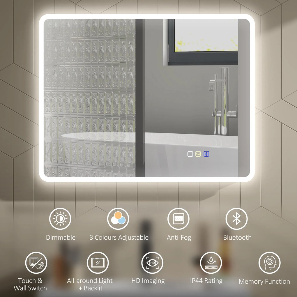 HOMCOM Lustro łazienkowe LED Bluetooth 70x90 cm podświetlane antypara głośnik 3 kolory światła dotykowe ścienne prostokątne | Aosom PL