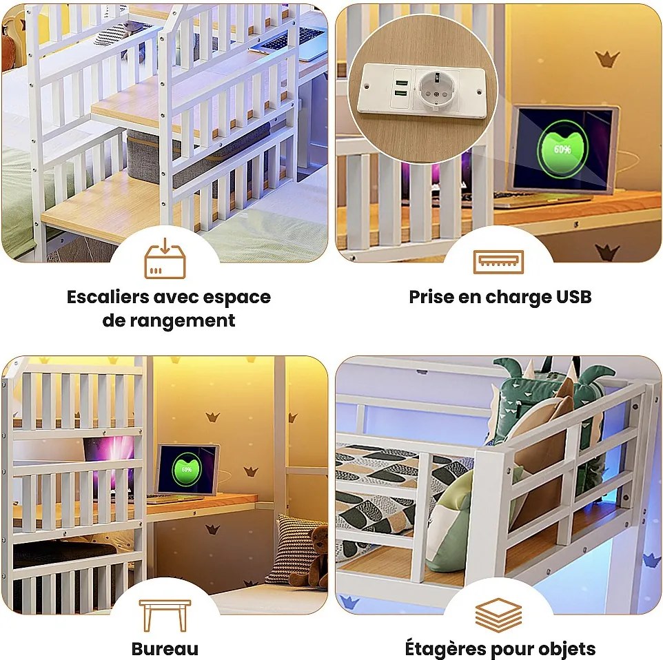 Łóżko piętrowe dla 3 osób - 3 x 90 x 200 cm - z diodami LED + 2 porty USB + gniazdko elektryczne + biurko + drabinka ze schowkiem - metalowe - białe