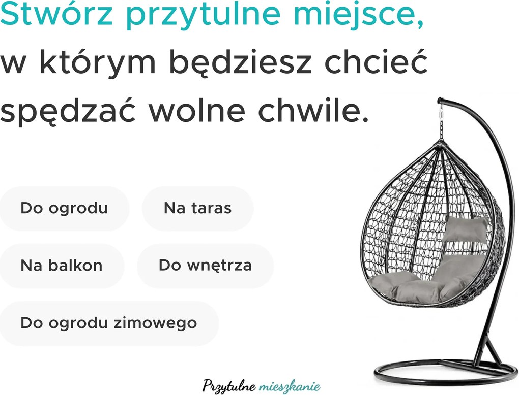 Czarny wiszący fotel KOKON ze stojakiem, bez poduszki