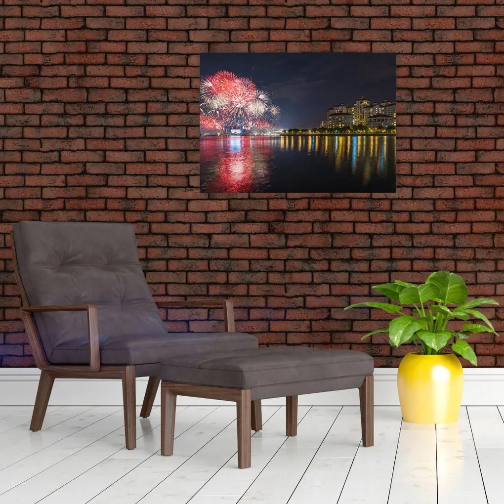 Obraz na szkle - fajerwerki w Singapurze (70x50 cm)