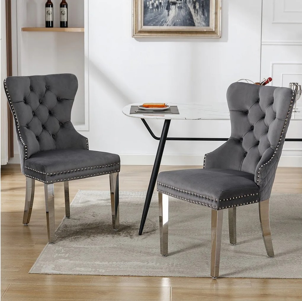 Komplet 2 krzeseł do jadalni - oryginalne pierścienie drzwiowe na oparciu - szary aksamit