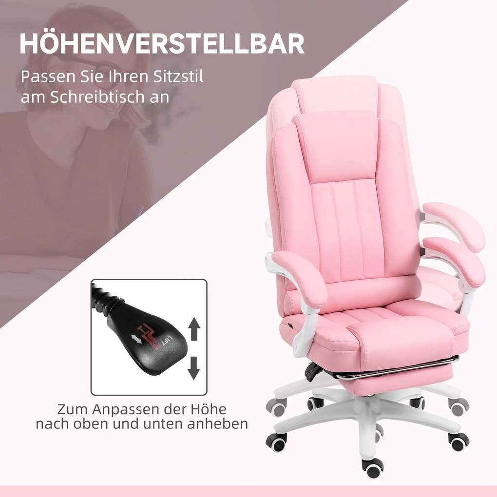 Vinsetto Fotel biurowy różowy z podnóżkiem funkcja leżenia regulowana wysokość wygodny | Aosom PL
