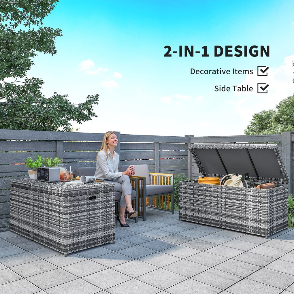 Outsunny Skrzynia z Rattanu 380L odporna na UV z pokrywą i przestrzenią UV-odporny 130 x 61 x 65 cm Ciemnoszary