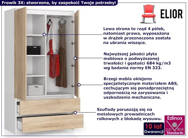 Skandynawska szafa dwudrzwiowa biały + dąb sonoma N1-C25