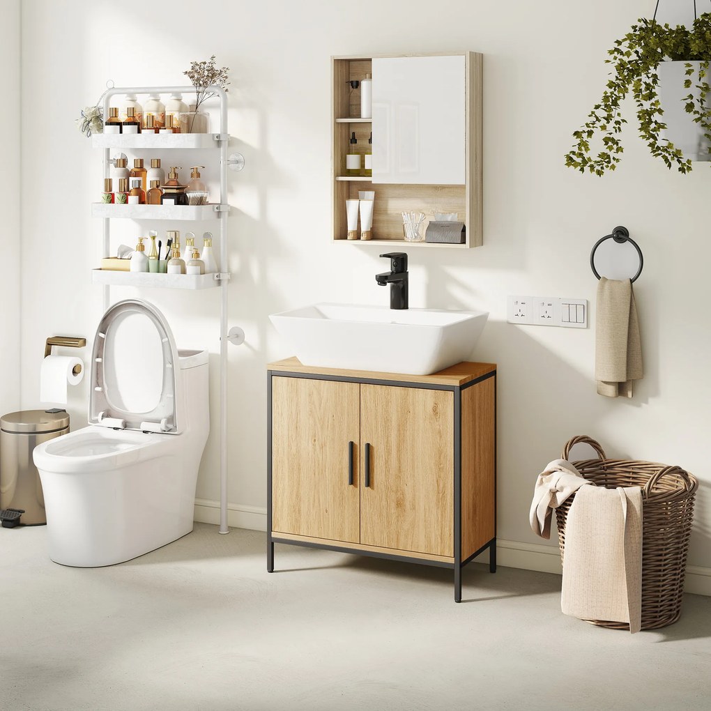 HOMCOM szafka pod umywalkę, szafka z 2 drzwiami, regulowana półka, 60x30x60 cm szafka łazienkowa z ramą stalową, do umywalek bez podstawy, Dąb