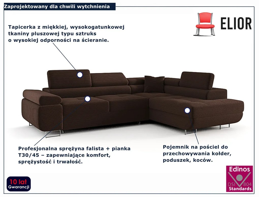 Brązowy sztruksowy narożnik z funkcją spania H9-N65