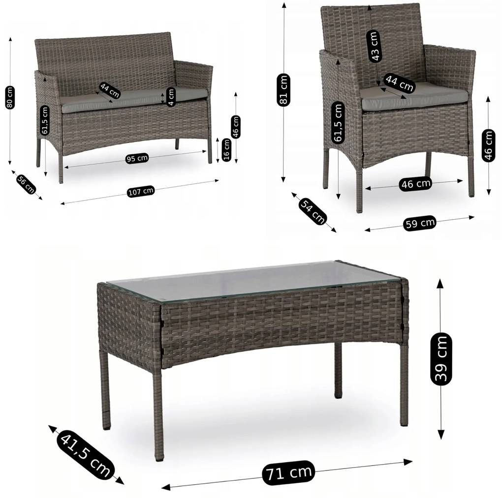 Mały zestaw mebli ogrodowych technorattan Missisipi, szary