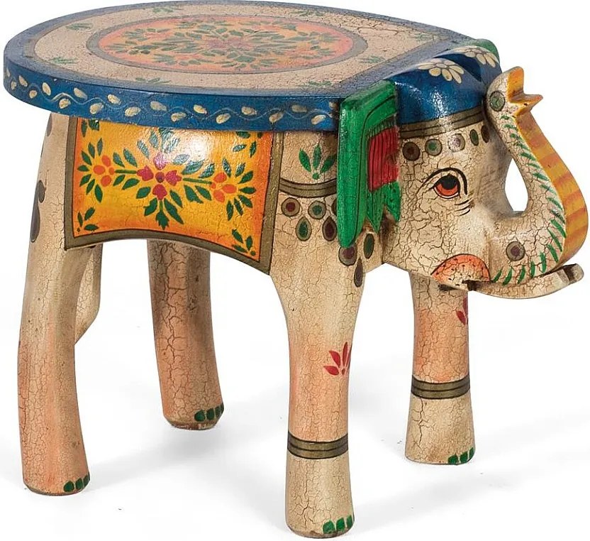 Tabouret z drewna manguier pomalowanego à la main z wielobarwnymi detalami