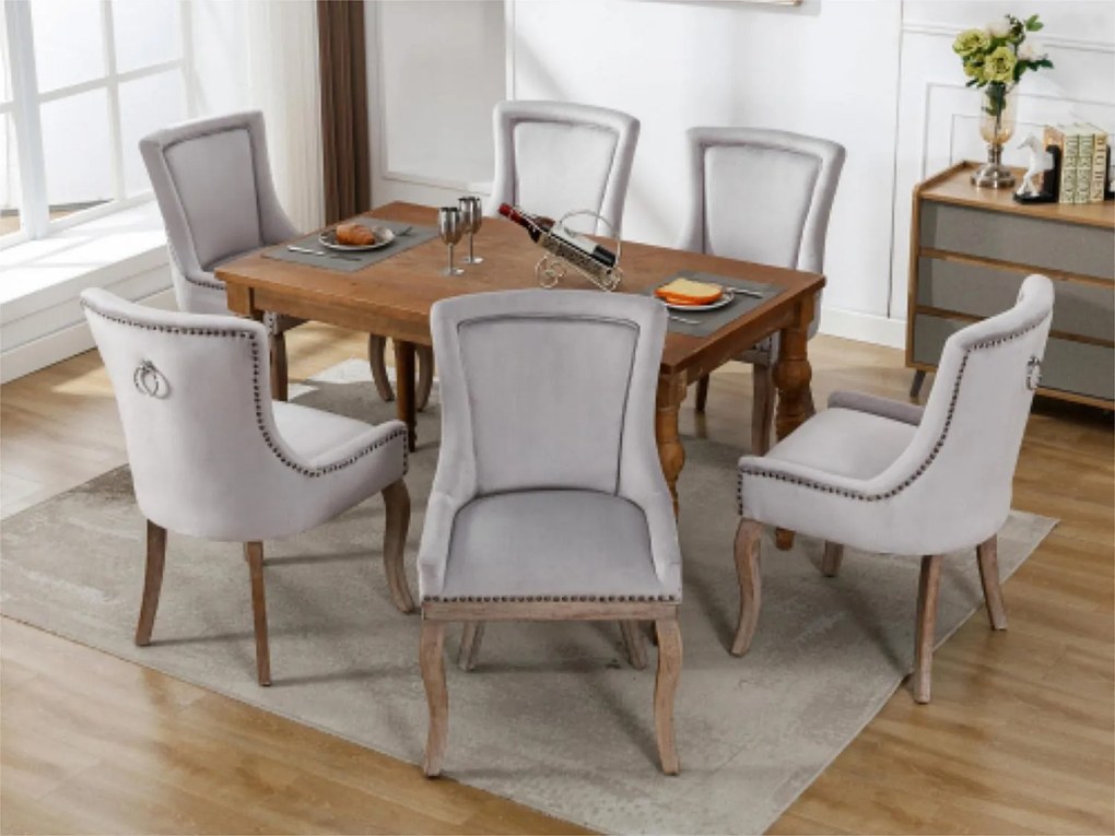 Zestaw 6 aksamitnych krzeseł - z nogami z litego drewna - szary