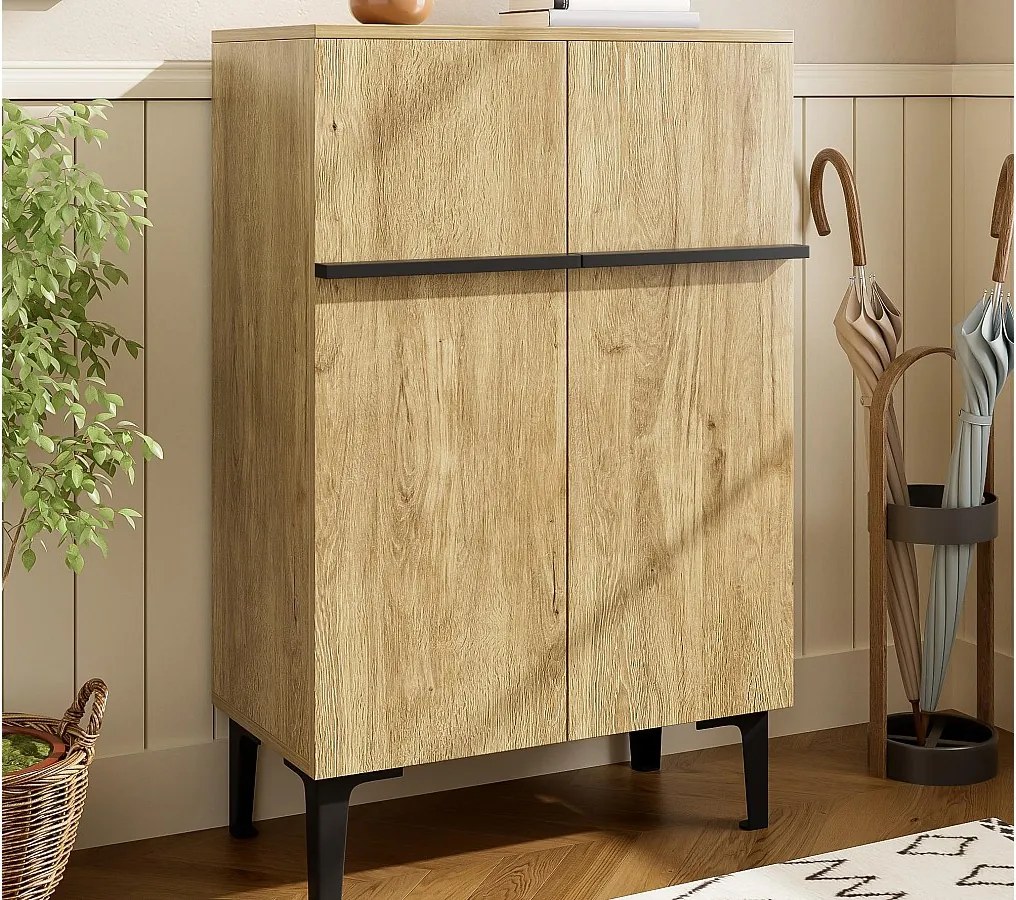 Szafa na buty 95x60x34,5 cm - 2 fronty - Regulowane półki - Wykończenie drewno - Płyty wiórowe - Kolor naturalny