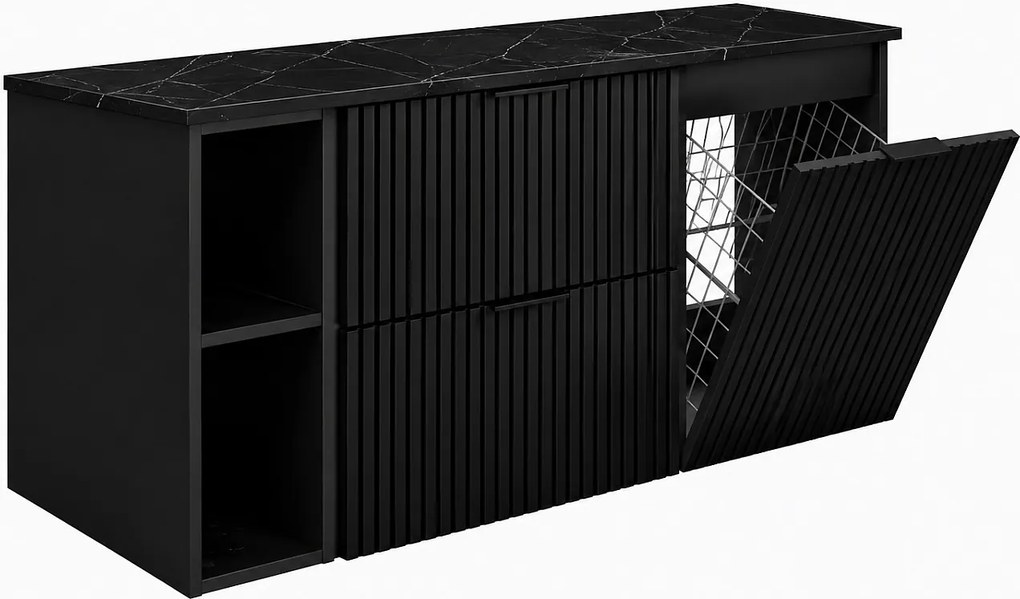 Zestaw szafek łazienkowych z koszem na pranie, Czarny / Blat Marmur Black Royal / Uchwyty Czarne, 120 x 57 x 46 cm
