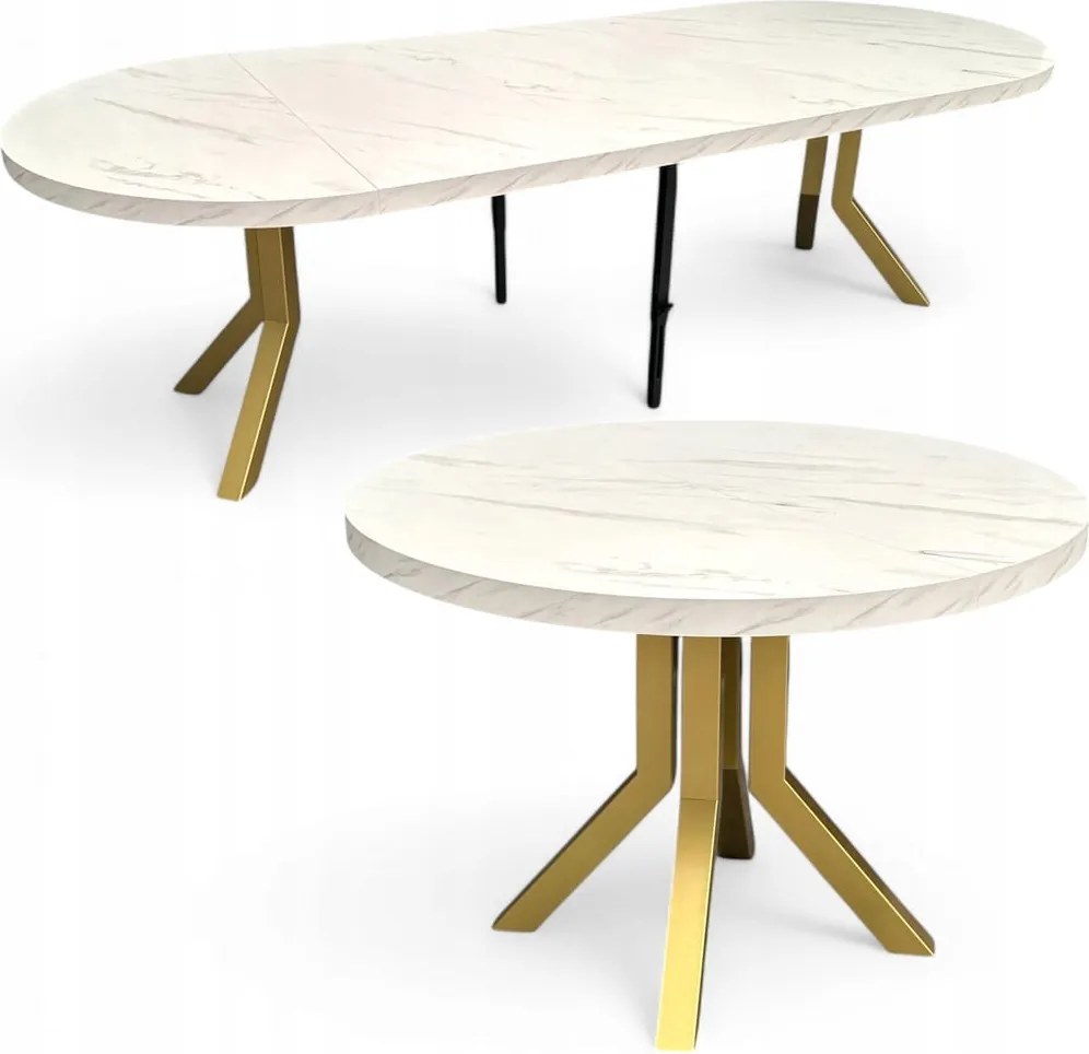 Stół okrągły rozkładany MARMUR BIAŁY Ø100/300 cm NOGI ZŁOTE METAL X SLIM