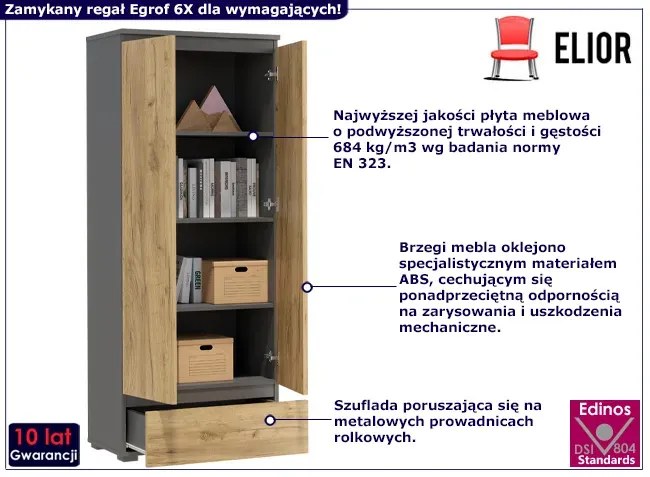 Zamykany regał z szufladą i półkami antracyt + dąb craft - Elsinor 6X