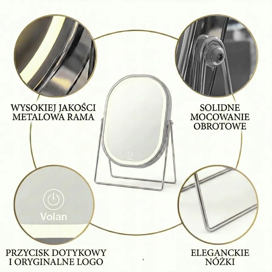 Lusterko Do Makijażu PREMIUM Kosmetyczne POŁYSK Metalowe PODŚWIETLANE LED