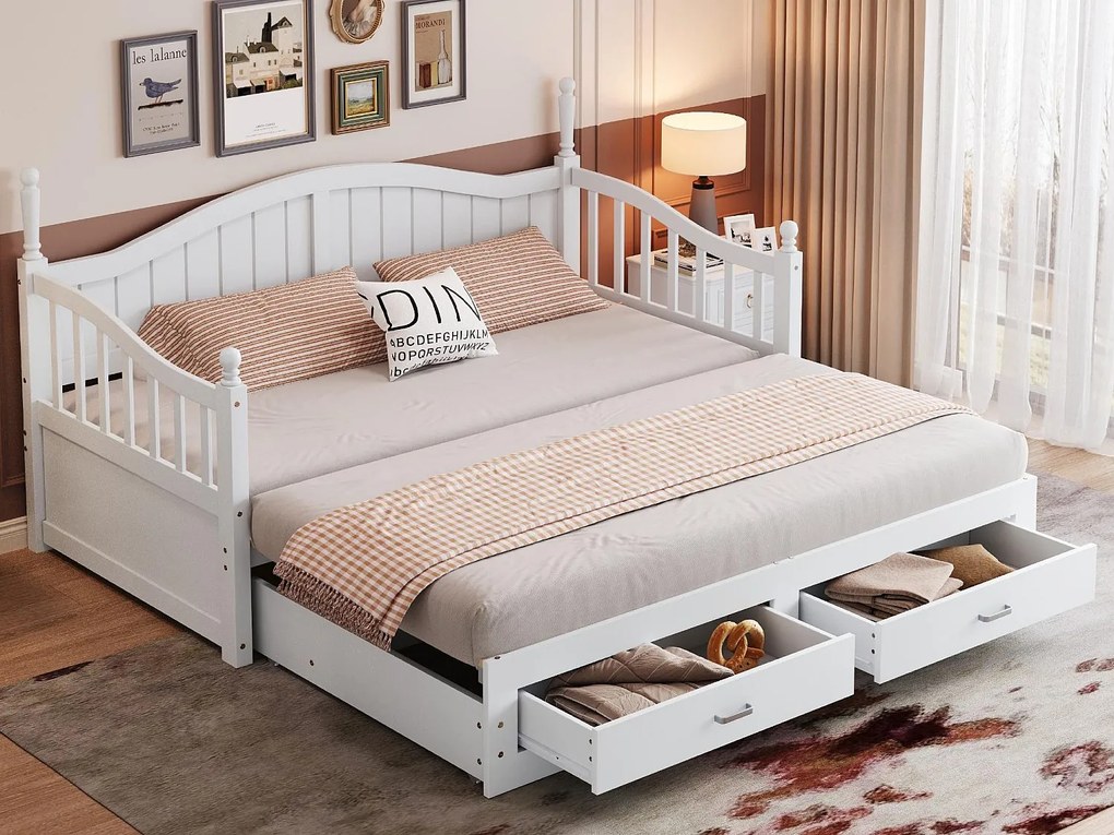 Rozkładana sofa z litego drewna 90/180x200 cm z szufladami i kolumnami rzymskimi - Biały